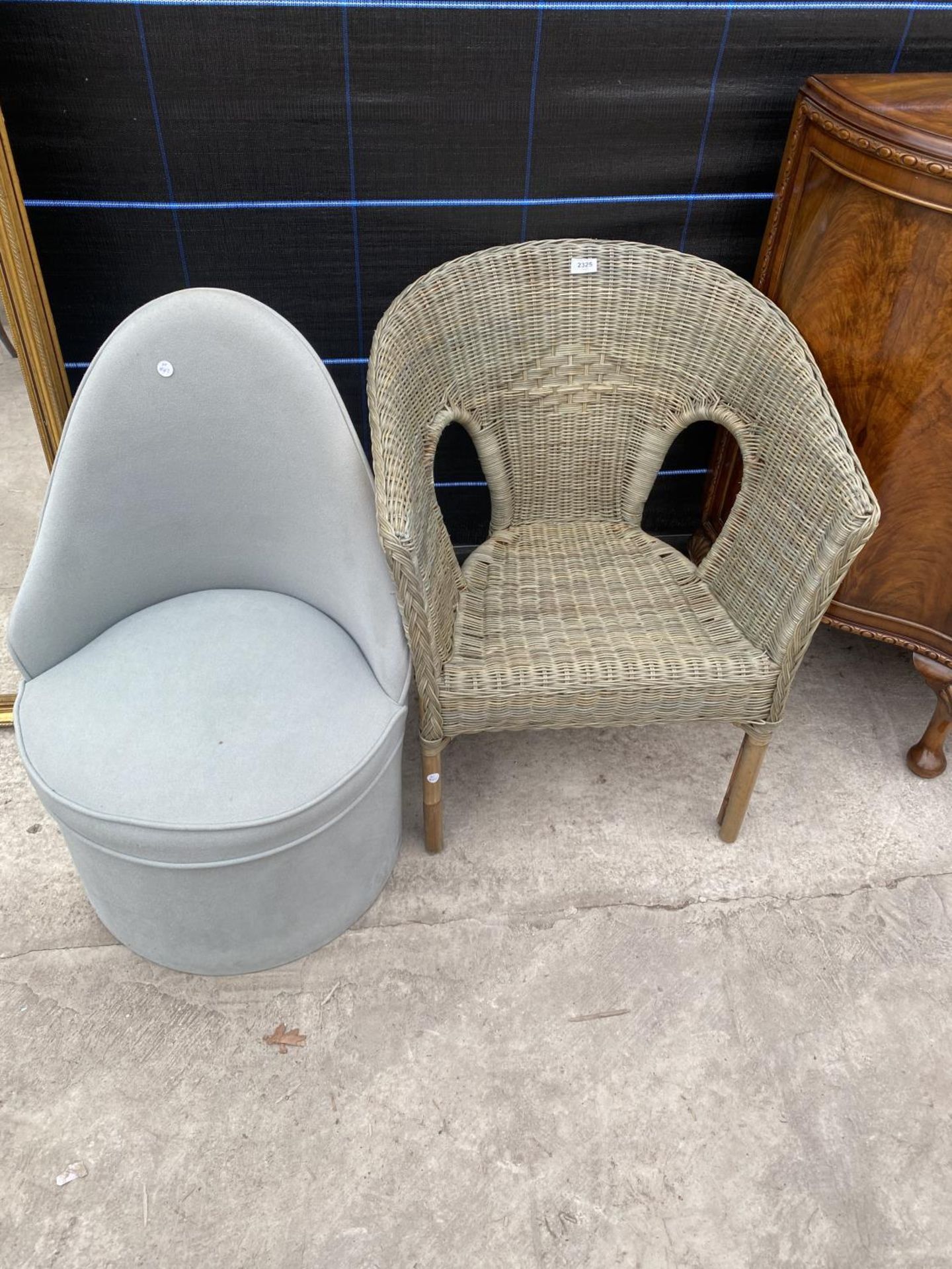 A WICKER CONSERVATORY CHAIR AND UPHOLSTERED BEDROOM CHAIR