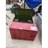 A SMALL METAL 16 DRAWER HABERDASHERY CHEST, AND A METAL TOOL CHEST