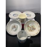 SIX ITEMS OF BUNNYKINS TO INCLUDE TWO WEDGEWOOD PLATES, ONE BOWL AND A CUP AND A ROYAL DOULTON