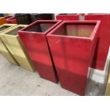 A PAIR OF TALL SQUARE RED FIBRE GLASS PLANTERS (H:90CM)