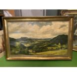 A LARGE GILT FRAMED OIL ON CANVAS PAINTING OF A 'DERBY VIEW' BY DEAN FAUSETT. PAINTING 90CM X 52CM