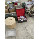 AN ASSORTMENT OF HOUSEHOLD CLEARANCE ITEMS TO INCLUDE BASKETS, SUITCASES AND TAPES ETC