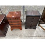 A MINIATURE YEW WOOD CHEST OF FOUR DRAWERS AND MAHOGANY CHEST OF FOUR DRAWERS, 16" WIDE EACH