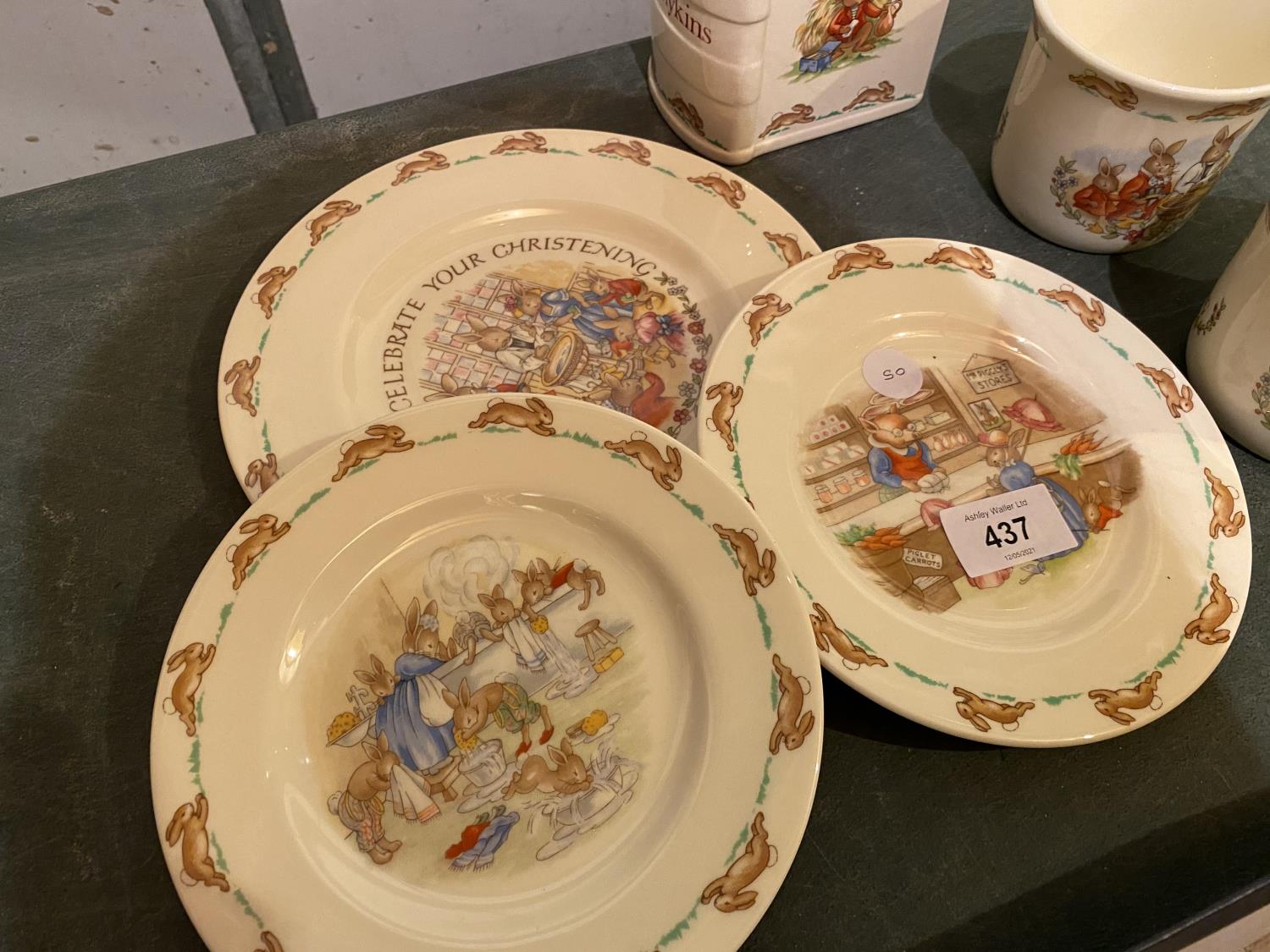 SIX PIECES OF ROYAL DOULTON BUNNYKINS INCLUDING THREE PLATES , TWO CUPS AND A MONEYBOX - Image 2 of 3