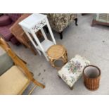 A WICKER CHAIR, BIN AND SMALL TABLE, SMALL STOOL AND PAINTED JARDINIER STAND