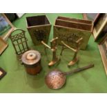 A SELECTION OF BRASS ITEMS TO INCLUDE A MAGAZINE RACK A WASTE PAPER BIN, FIRE DOGS AND A BISCUIT