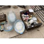 AN ASSORTMENT OF CERAMIC AND GLASS WARE TO INCLUDE JUGS, TEAPOTS AND DISHES ETC