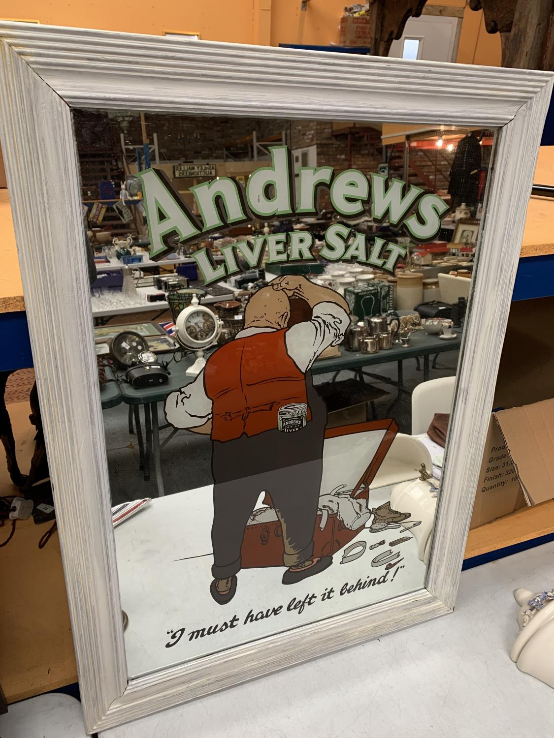 A LARGE VINTAGE ANDREW'S LIVER SALTS MIRROR WITHIN A PAINTED WOODEN FRAME 94CM X 68CM - Image 2 of 2