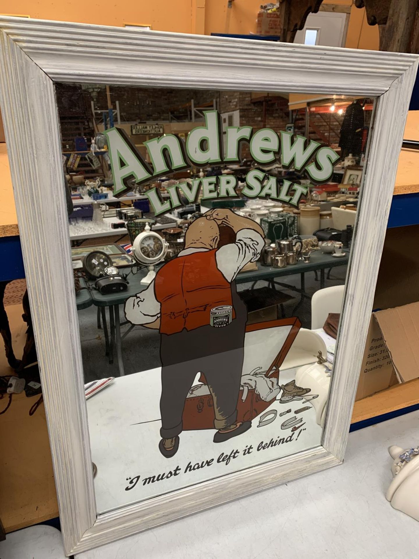 A LARGE VINTAGE ANDREW'S LIVER SALTS MIRROR WITHIN A PAINTED WOODEN FRAME 94CM X 68CM - Image 2 of 2