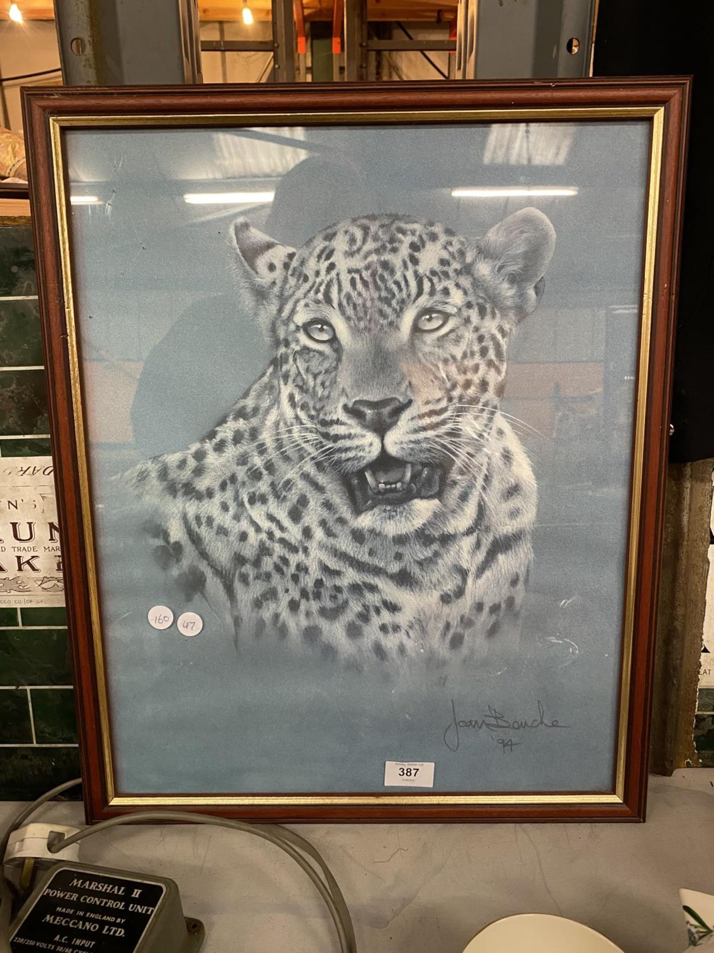 A FRAMED PICTURE DEPICTING A LEOPARD BY JOAN BENCHE