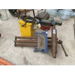 A RECORD 52 1/2E BENCH VICE AND A 110V TRANSFORMER