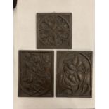 THREE CARVED OAK WALL HANGINGS W:8.5" H:11" EACH