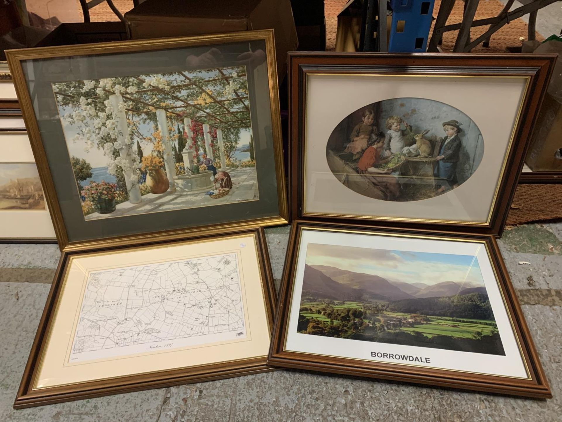 THREE FRAMED PICTURES AND A FRAMED MAP OF NEWTON 1897