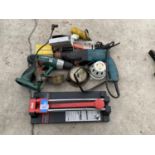 AN ASSORTMENT OF TOOLS TO INCLUDE TWO DRILLS, VINTAGE PRESSURE GAUGES ETC