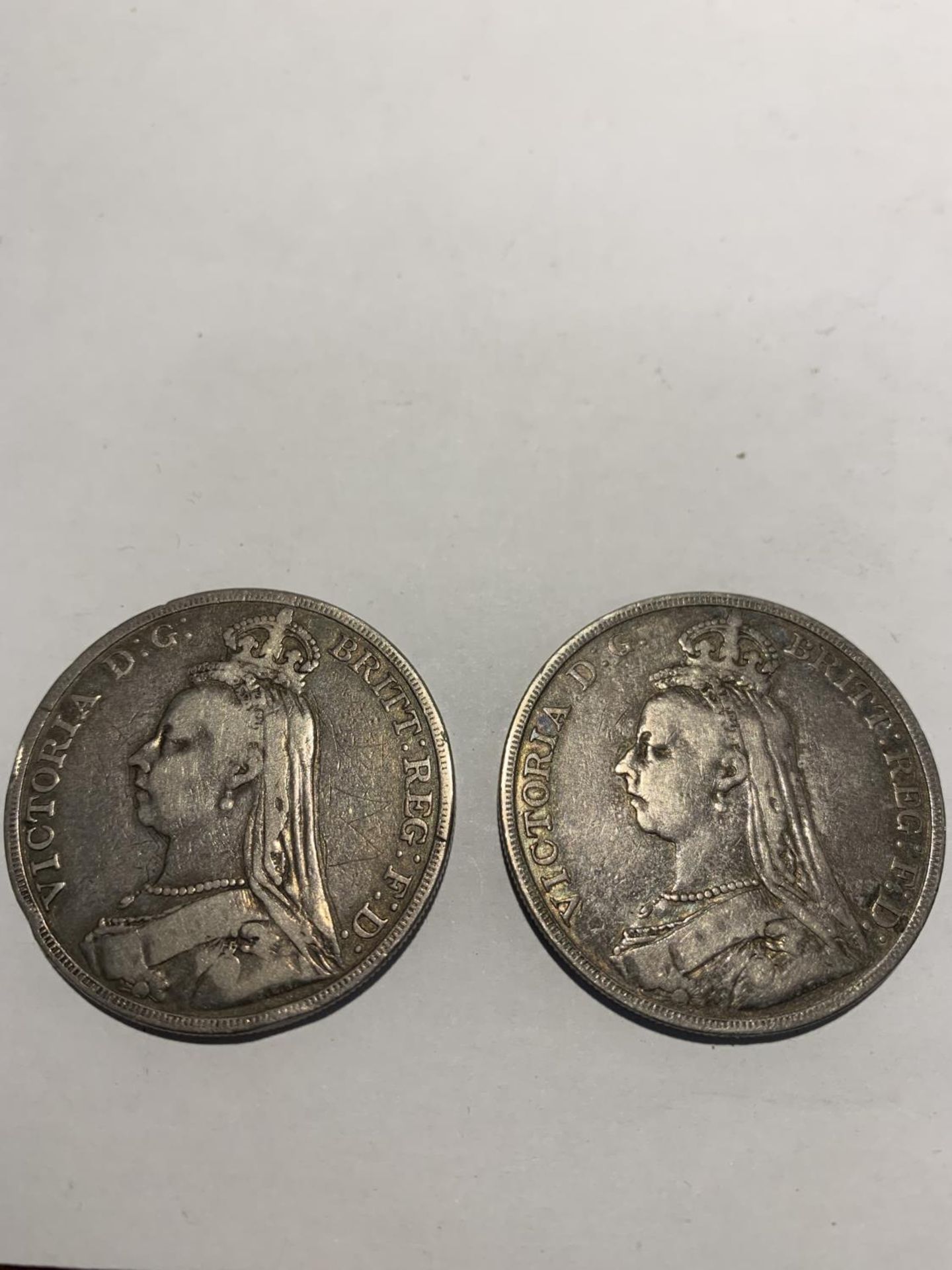 TWO QUEEN VICOTIA SILVER CROWNS DATED 1889 AND 1890, GEORGE VI 1937 CROWN, FIVE POUND, DOLLAR AND - Image 3 of 5
