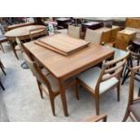 A RETRO TEAK SCANDINAVIAN EXTENDING DINING TABLE, 60X39" (TWO LEAVES 20" EACH) AND SIX CHAIRS (4+2)