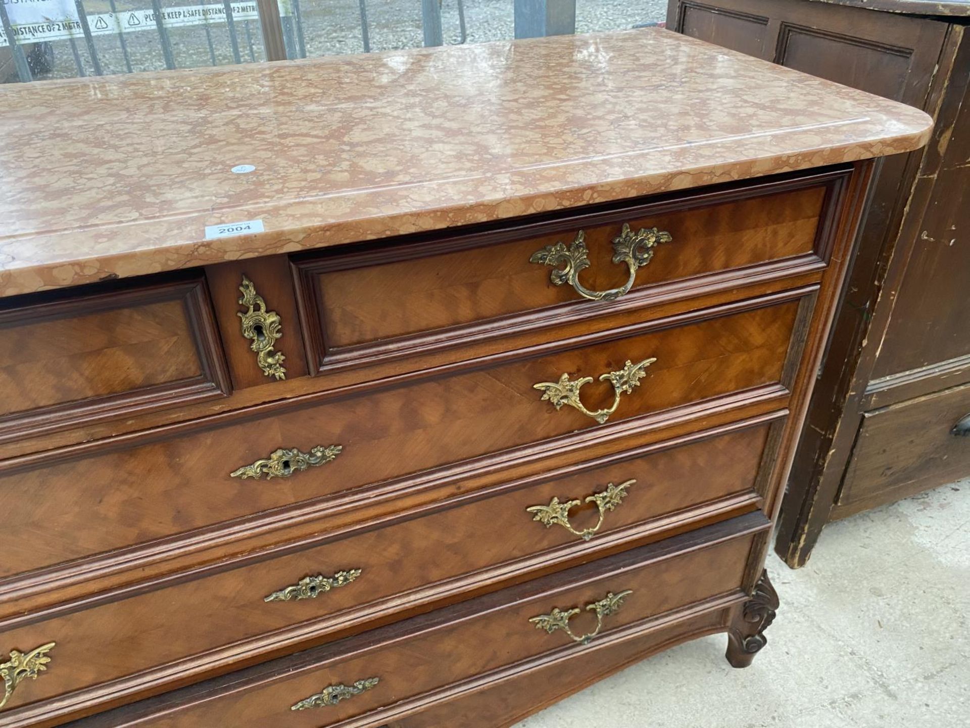 A 19TH CENTURY WALNUT CONTINENTAL CHEST OF TWO SHORT AND THREE LONG DRAWERS, WITH MARBLE TOP, 52" - Image 6 of 6