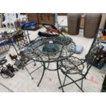 A FLORAL DECORATIVE CAST ALLUMINIUM BISTRO SET WITH ROUND TABLE AND TWO CHAIRS