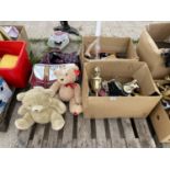 AN ASSORTMENT OF HOUSEHOLD CLEARANCE ITEMS TO INCLUDE BAGS, TROPHIES AND TEDDIES ETC