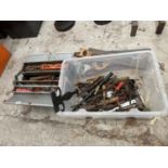 AN ASSORTMENT OF HAND TOOLS TO INCLUDE SAWS, CHISELS AND A TOOL BOX ETC