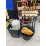 AN ASSORTMENT OF TOOLS TO INCLUDE A WORK BENCH, GARDEN SPRAYER AND FORKS ETC