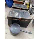 A PAIR OF METAL DEED TINS AND A CAST PAN