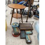 A VINTAGE EWBANK VACUUM, VARIOUS VINTAGE TINS AND A TWO TIER TABLE