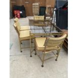 A 1980'S METAL FRAMED GLASS TOP TABLE AND FOUR CHAIRS