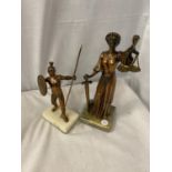 TWO BRASS STATUES ONE A GREEK WARRIOR THE OTHER GODDESS OF JUSTICIA