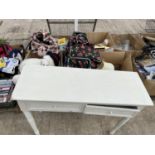 AN ASSORTMENT OF HOUSEHOLD CLEARANCE ITEMS TO INCLUDE A CONSOLE TABLE, BOOKS AND TEDDIES ETC