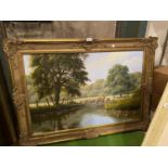 A LARGE GILT FRAMED OIL ON CANVAS SIGNED T LEIGHTON APPROXIMATELY 108X79CM