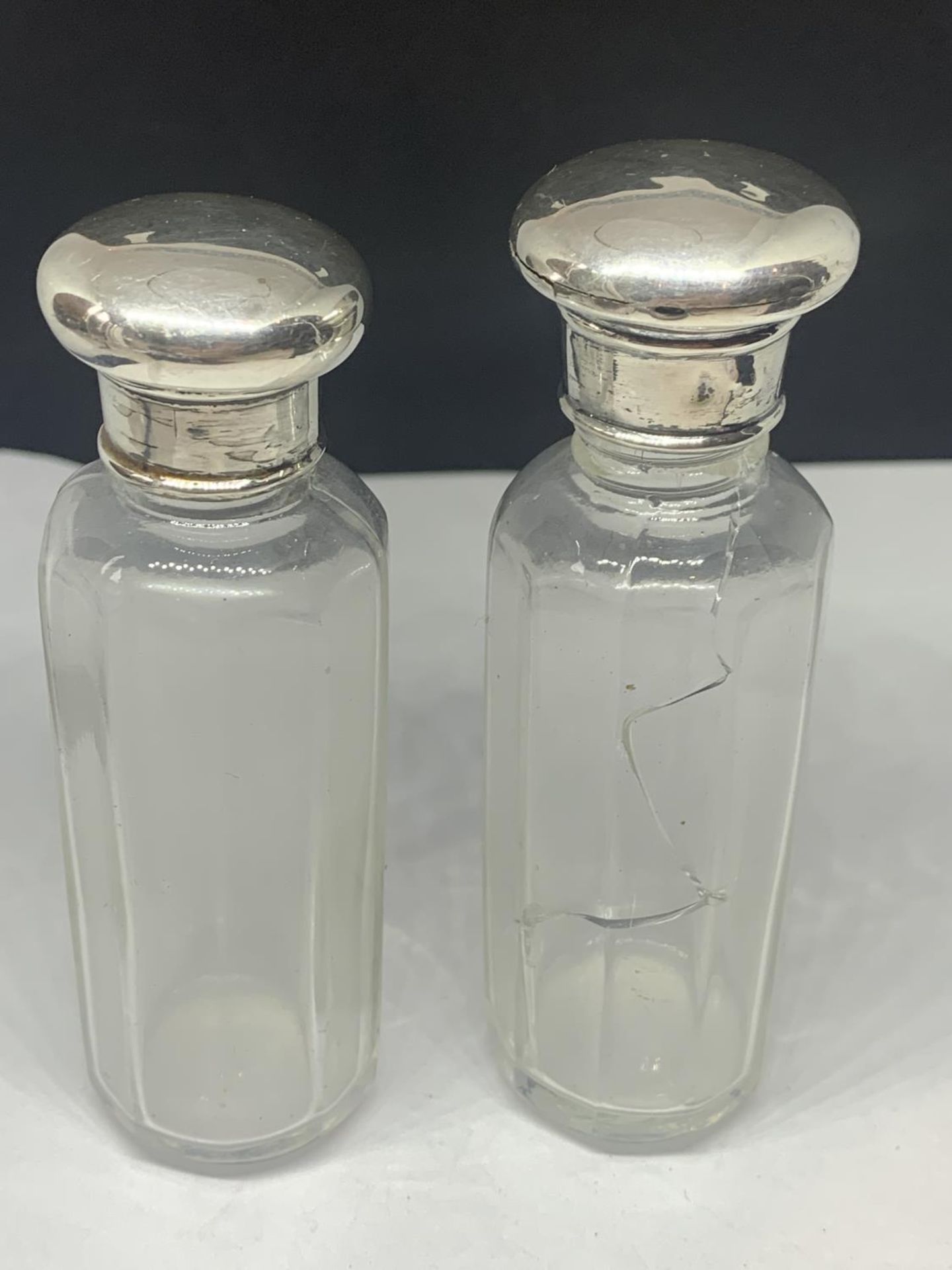 TWO HALLMARKED SILVER TOPPED GLASS BOTTLES ONE WITH GLASS A/F - Image 2 of 4