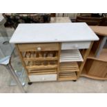 A MODERN KITCHEN ISLAND WITH EIGHT BOTTLE WINE RACK ON WHEELS, 32" WIDE