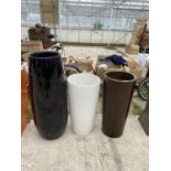 THREE LARGE GARDEN PLANTERS, WHITE, BROWN AND BLACK
