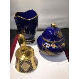THREE ITEMS TO INCLUDE A CARLTONWARE VASE, LIDDED POT AND A CAVERSWALL ROMANY 22CT GOLD BP BELL