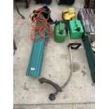 A LEAF BLOWER, TWO FUEL CANS AND A STRIMMER