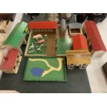 AN ELF PRODUCTION WOODEN FARM SET TO INCLUDE A NUMBER OF BARNS, FARM HOUSES AND A SMALL SELECTION OF