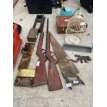 AN ASSORTMENT OF ITEMS TO INCLUDE A VINTAGE SAW, A WATERING CAN AND A BIRD CAGE ETC