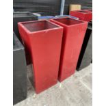 A PAIR OF SQUARE RED FIBRE GLASS PLANTERS (H:90CM)