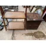 A SMALL VINTAGE WOODEN STORAGE CHEST AND A FURTHER TWO TIER STORAGE UNIT