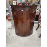 A GEORGE III MAHOGANY AND INLAID CORNER CUPBOARD, 29" WIDE