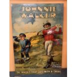 A VINTAGE STYLE WOODEN BOARD DEPICTING A JONNIE WALKER WHISKY GOLFING ADVERT