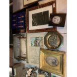 A COLLECTION OF ASSORTED ITEMS TO INCLUDE PICTURES, TWO TRAYS, BRASS DISH, BOXED DESSERT FORKS, ETC