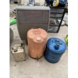 AN ASSORTMENT OF ITEMS TO INCLUDE TWO VINTAGE OIL DRUMS, A VINTAGE VALOR FUEL CAN AND A HEATER