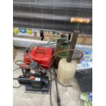 AN ASSORTMENT OF ITEMS TO INCLUDE A FUEL CAN, TWO SANDERS AND A GARDEN SPRAYER ETC