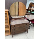 A 1930s OAK DRESSING CHEST WITH THREE DRAWERS AND UNFRAMED CIRCULAR MIRROR - 33" WIDE