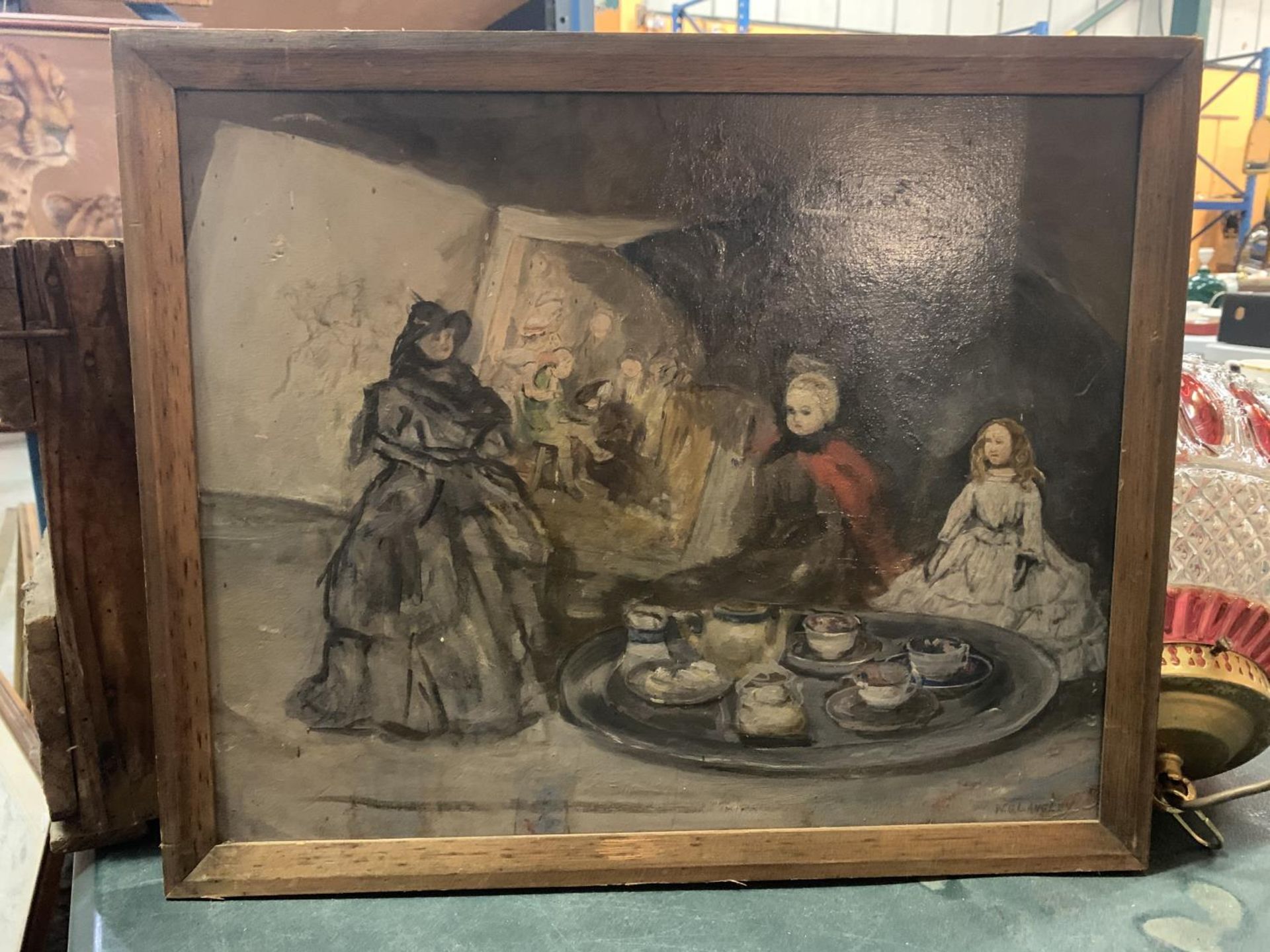 A WOODEN FRAMED OIL ON BOARD 'TEA FOR THREE' SIGNED W.G LANGLEY