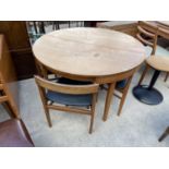 A RETRO TEAK CIRCULAR EXTENDING DINING TABLE, 47" DIAMETER (LEAF 15") WITH FOUR INVISIBLE FRIEZE