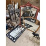 TWO WOODEN FRAMED MIRRORS AND A FURTHER DECORATIVE METAL FRAMED MIRROR