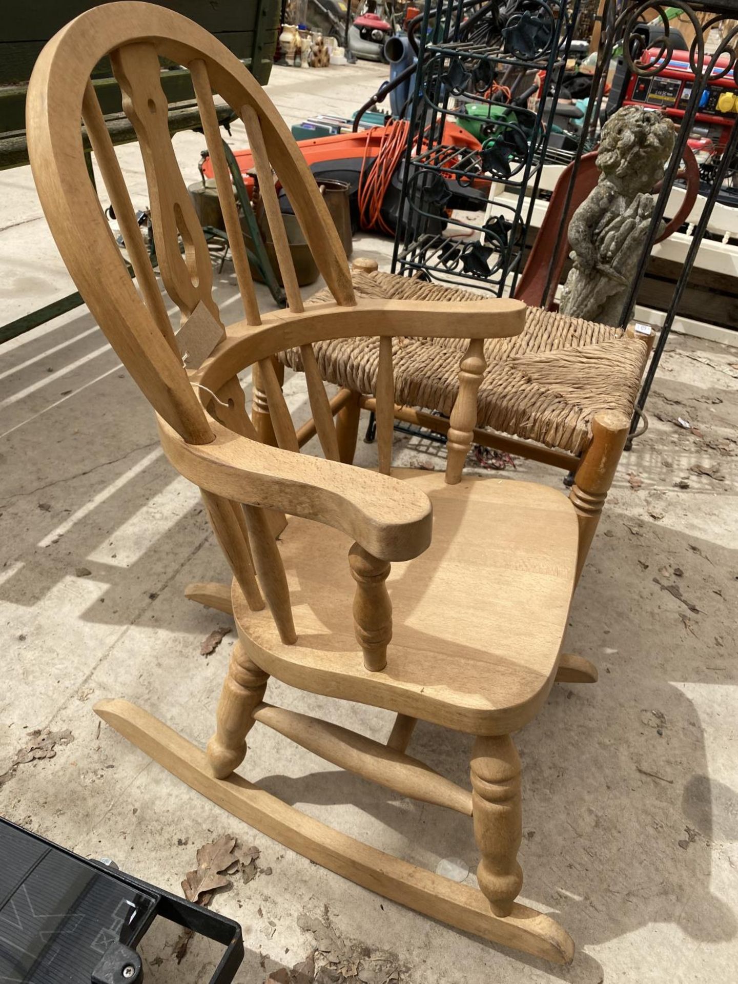 A WOODEN CHILDRENS ROCKING CHAIR AND A FURTHER WEAVE TOPPED STOOL - Image 4 of 4